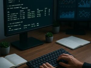 Moderner Arbeitsplatz mit Computer, Notizbüchern, Smartphone und Pflanzen, der Fokus liegt auf SEO-Analyse mit Kommandozeilen-Tools, beleuchtet durch Computerbildschirm. Credit: 404 Magazine (Tobias Hager)