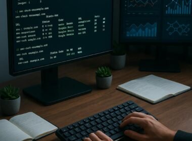 Moderner Arbeitsplatz mit Computer, Notizbüchern, Smartphone und Pflanzen, der Fokus liegt auf SEO-Analyse mit Kommandozeilen-Tools, beleuchtet durch Computerbildschirm. Credit: 404 Magazine (Tobias Hager)