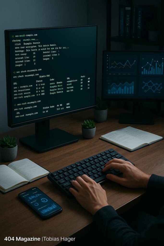 Moderner Arbeitsplatz mit Computer, Notizbüchern, Smartphone und Pflanzen, der Fokus liegt auf SEO-Analyse mit Kommandozeilen-Tools, beleuchtet durch Computerbildschirm. Credit: 404 Magazine (Tobias Hager)