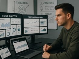 Motivierter Marketer in einem modernen Büro mit Monitoren, Whiteboards und digitalen Geräten, der TikTok-Analytics und Kampagnen-Daten betrachtet.