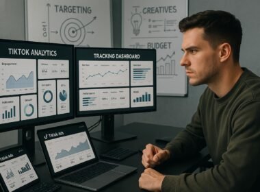 Motivierter Marketer in einem modernen Büro mit Monitoren, Whiteboards und digitalen Geräten, der TikTok-Analytics und Kampagnen-Daten betrachtet.