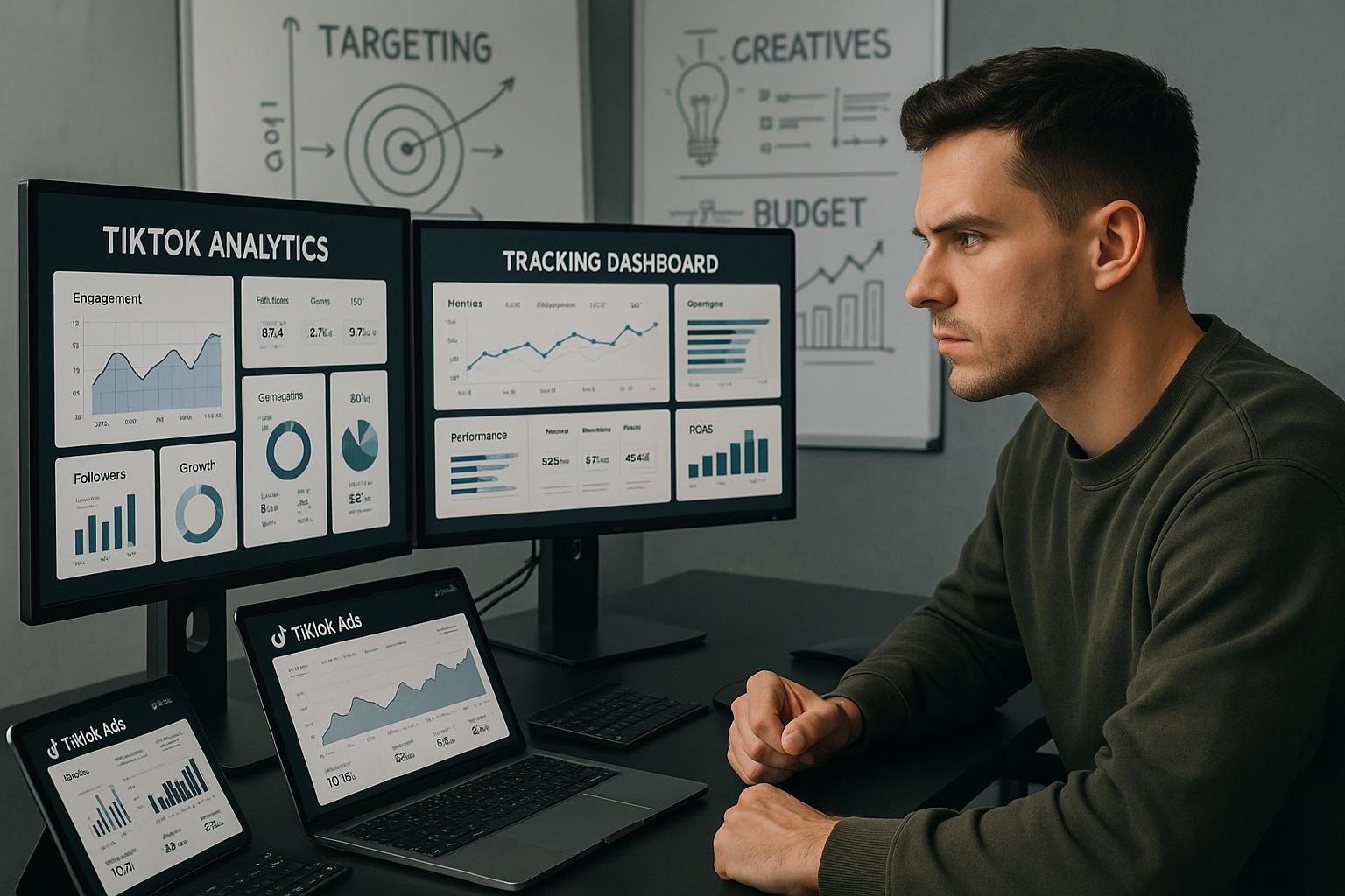Motivierter Marketer in einem modernen Büro mit Monitoren, Whiteboards und digitalen Geräten, der TikTok-Analytics und Kampagnen-Daten betrachtet.