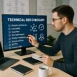 Modernes Büro mit großem Bildschirm, auf dem eine technische SEO-Checkliste angezeigt wird. Im Vordergrund ein Digital Marketer mit Notizblock, umgeben von Laptops, Notizbüchern und einer Tasse Kaffee. Im Hintergrund Whiteboards mit Website-Skizzen. Credit: 404 Magazine (Tobias Hager).