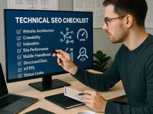 Modernes Büro mit großem Bildschirm, auf dem eine technische SEO-Checkliste angezeigt wird. Im Vordergrund ein Digital Marketer mit Notizblock, umgeben von Laptops, Notizbüchern und einer Tasse Kaffee. Im Hintergrund Whiteboards mit Website-Skizzen. Credit: 404 Magazine (Tobias Hager).