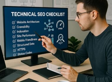 Modernes Büro mit großem Bildschirm, auf dem eine technische SEO-Checkliste angezeigt wird. Im Vordergrund ein Digital Marketer mit Notizblock, umgeben von Laptops, Notizbüchern und einer Tasse Kaffee. Im Hintergrund Whiteboards mit Website-Skizzen. Credit: 404 Magazine (Tobias Hager).