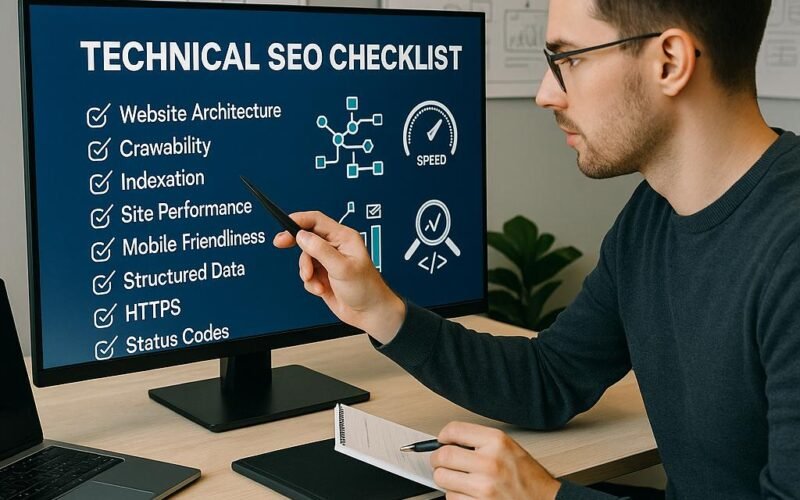 Modernes Büro mit großem Bildschirm, auf dem eine technische SEO-Checkliste angezeigt wird. Im Vordergrund ein Digital Marketer mit Notizblock, umgeben von Laptops, Notizbüchern und einer Tasse Kaffee. Im Hintergrund Whiteboards mit Website-Skizzen. Credit: 404 Magazine (Tobias Hager).