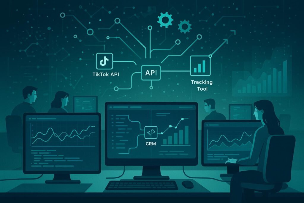 Modernes, technologisch inspiriertes Arbeitsumfeld mit großen Bildschirmen, Datenflüssen und holografischen Datenpunkten, das Automatisierung und API-Integration zeigt.