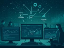 Modernes, technologisch inspiriertes Arbeitsumfeld mit großen Bildschirmen, Datenflüssen und holografischen Datenpunkten, das Automatisierung und API-Integration zeigt.