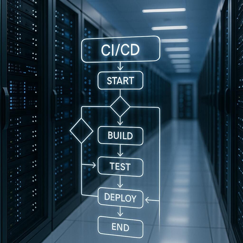 Modernes Rechenzentrum mit blinkenden Serverlichtern und digitalen Flussdiagrammen für Automatisierungsprozesse, beleuchtet in Blau- und Weißtönen