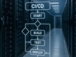 Modernes Rechenzentrum mit blinkenden Serverlichtern und digitalen Flussdiagrammen für Automatisierungsprozesse, beleuchtet in Blau- und Weißtönen