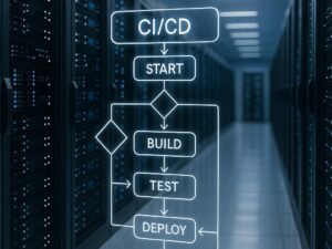 Modernes Rechenzentrum mit blinkenden Serverlichtern und digitalen Flussdiagrammen für Automatisierungsprozesse, beleuchtet in Blau- und Weißtönen