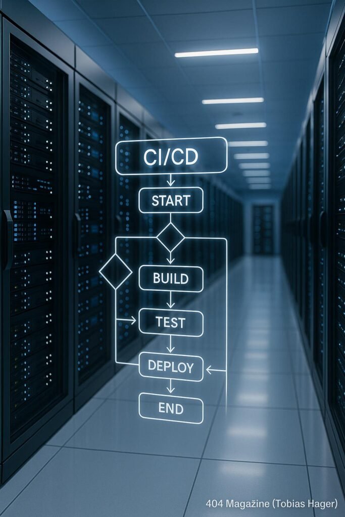 Modernes Rechenzentrum mit blinkenden Serverlichtern und digitalen Flussdiagrammen für Automatisierungsprozesse, beleuchtet in Blau- und Weißtönen