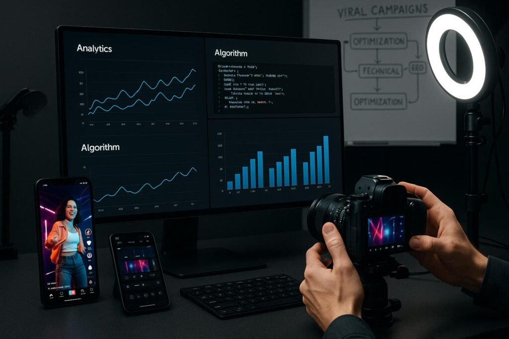 Moderner Arbeitsplatz mit Computerbildschirm, Smartphones, Kamera, Beleuchtung und Whiteboard mit Marketingstrategie, credited to Tobias Hager, 404 Magazine