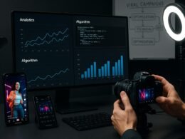 Moderner Arbeitsplatz mit Computerbildschirm, Smartphones, Kamera, Beleuchtung und Whiteboard mit Marketingstrategie, credited to Tobias Hager, 404 Magazine