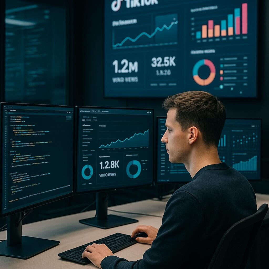 Moderne Büroszene mit mehreren Monitoren, die Datenanalysen und TikTok-Statistiken in Echtzeit zeigen, mit einer Person im Vordergrund und Infografiken im Hintergrund