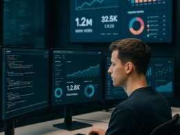 Moderne Büroszene mit mehreren Monitoren, die Datenanalysen und TikTok-Statistiken in Echtzeit zeigen, mit einer Person im Vordergrund und Infografiken im Hintergrund
