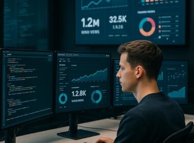 Moderne Büroszene mit mehreren Monitoren, die Datenanalysen und TikTok-Statistiken in Echtzeit zeigen, mit einer Person im Vordergrund und Infografiken im Hintergrund