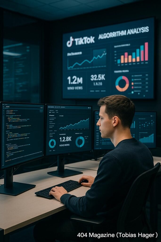 Moderne Büroszene mit mehreren Monitoren, die Datenanalysen und TikTok-Statistiken in Echtzeit zeigen, mit einer Person im Vordergrund und Infografiken im Hintergrund