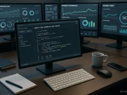 Modernes SEO-Arbeitsplatz-Setup mit mehreren Monitoren, API-Editor und Dashboards zur Website-Analyse, versehen mit Notizblöcken und Kaffee auf dem Schreibtisch