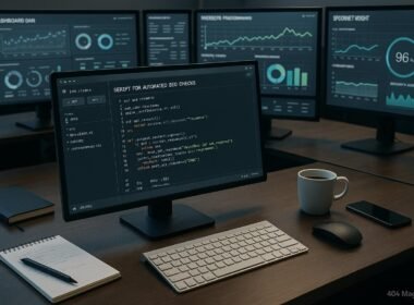Modernes SEO-Arbeitsplatz-Setup mit mehreren Monitoren, API-Editor und Dashboards zur Website-Analyse, versehen mit Notizblöcken und Kaffee auf dem Schreibtisch