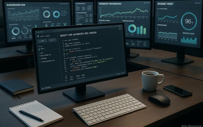 Modernes SEO-Arbeitsplatz-Setup mit mehreren Monitoren, API-Editor und Dashboards zur Website-Analyse, versehen mit Notizblöcken und Kaffee auf dem Schreibtisch