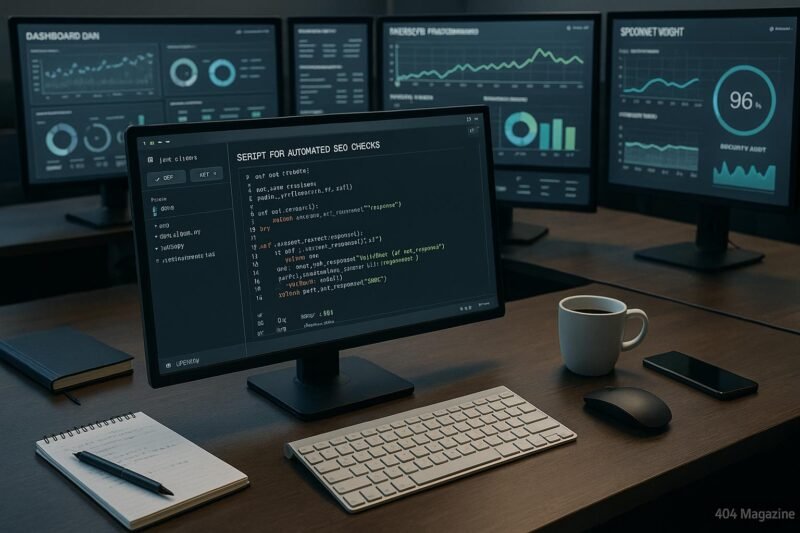 Modernes SEO-Arbeitsplatz-Setup mit mehreren Monitoren, API-Editor und Dashboards zur Website-Analyse, versehen mit Notizblöcken und Kaffee auf dem Schreibtisch