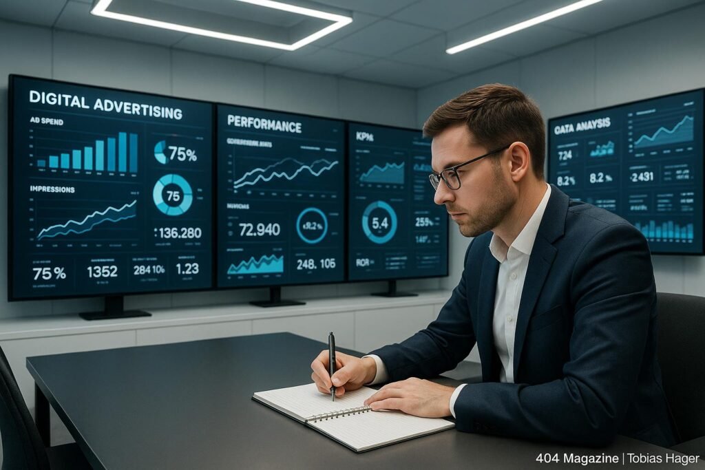 Professioneller Marketing-Experte in Business-Kleidung in einem modernen Kontrollzentrum mit großen Bildschirmen und digitalen Interfaces, das Daten visualisiert.