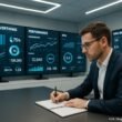 Professioneller Marketing-Experte in Business-Kleidung in einem modernen Kontrollzentrum mit großen Bildschirmen und digitalen Interfaces, das Daten visualisiert.