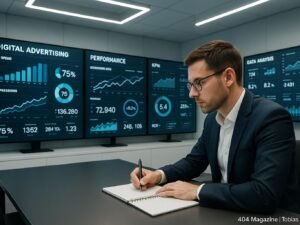 Professioneller Marketing-Experte in Business-Kleidung in einem modernen Kontrollzentrum mit großen Bildschirmen und digitalen Interfaces, das Daten visualisiert.
