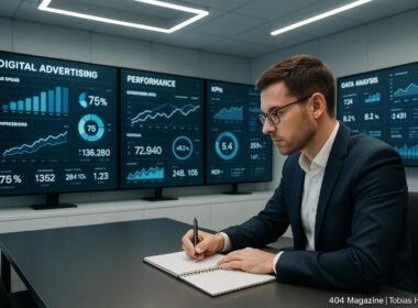 Professioneller Marketing-Experte in Business-Kleidung in einem modernen Kontrollzentrum mit großen Bildschirmen und digitalen Interfaces, das Daten visualisiert.