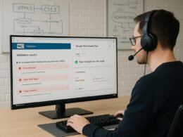 Entwickler mit Headset überprüft Website-Validierung auf großem Bildschirm, hinter ihm Whiteboards mit HTML, CSS und SEO-Notizen, im hellen, minimalistischen Büro