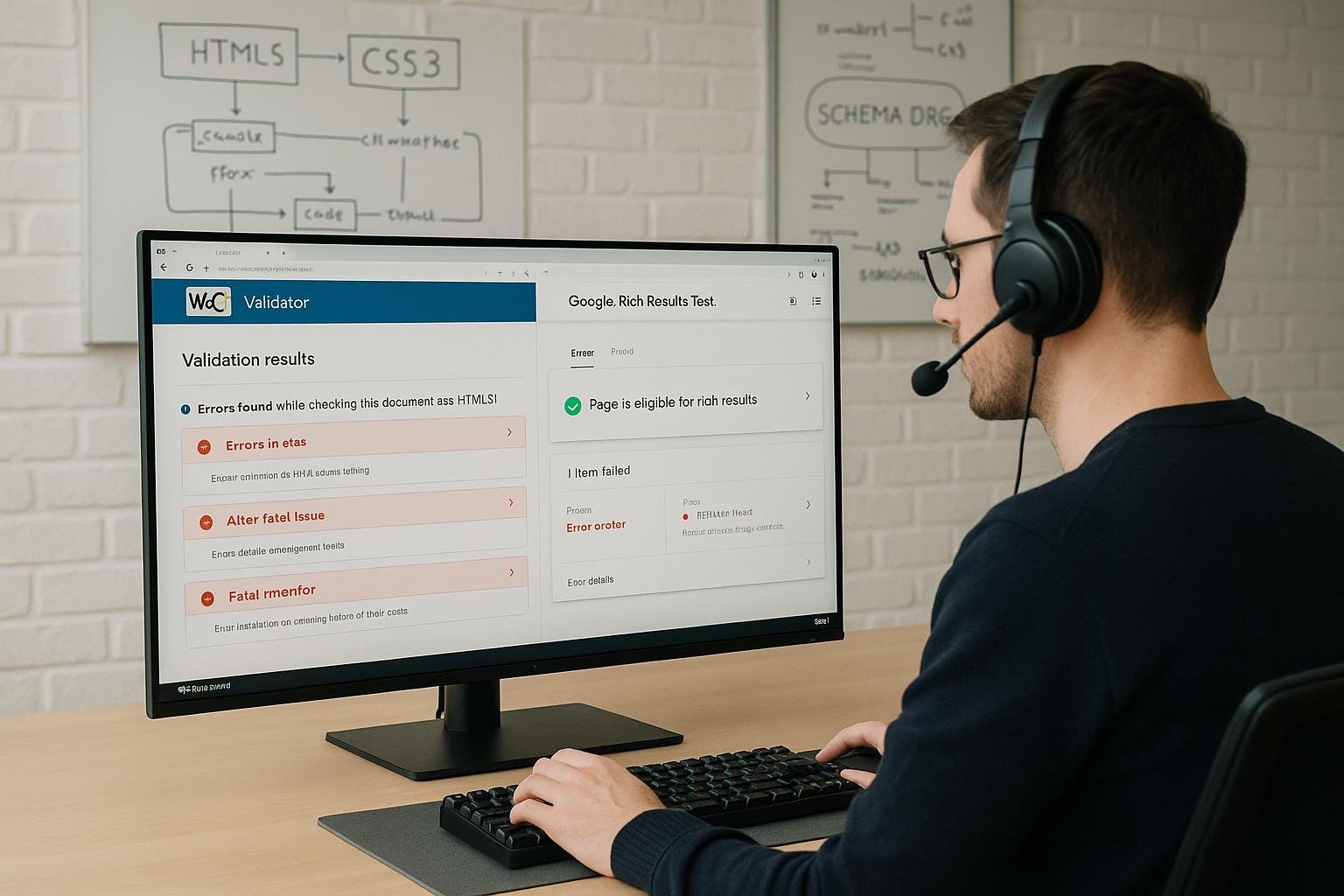 Entwickler mit Headset überprüft Website-Validierung auf großem Bildschirm, hinter ihm Whiteboards mit HTML, CSS und SEO-Notizen, im hellen, minimalistischen Büro