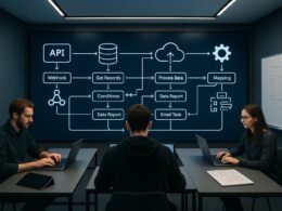 Modernes, minimalistisches Arbeitszimmer mit digitalem Wand-Display, das Datenflussdiagramme, API-, Cloud- und Automatisierungssymbole zeigt, mit Entwicklern an Laptops und Whiteboards.