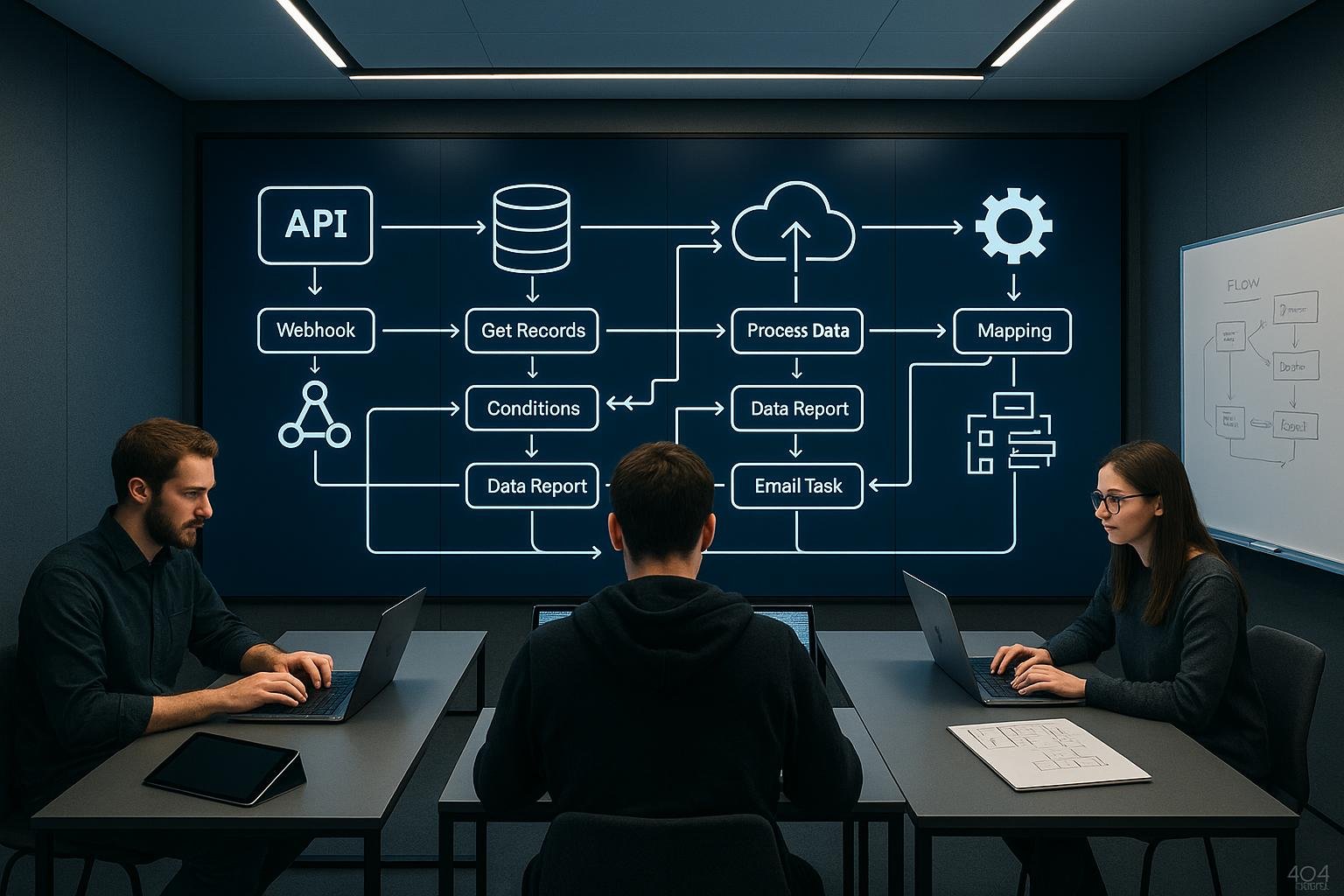 Modernes, minimalistisches Arbeitszimmer mit digitalem Wand-Display, das Datenflussdiagramme, API-, Cloud- und Automatisierungssymbole zeigt, mit Entwicklern an Laptops und Whiteboards.