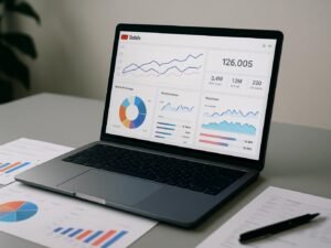 Modernes digitales Arbeitsumfeld mit Laptop, gedruckten Diagrammen und Stift, Fokus auf Analytics-Dashboards und datengetriebenes Arbeiten