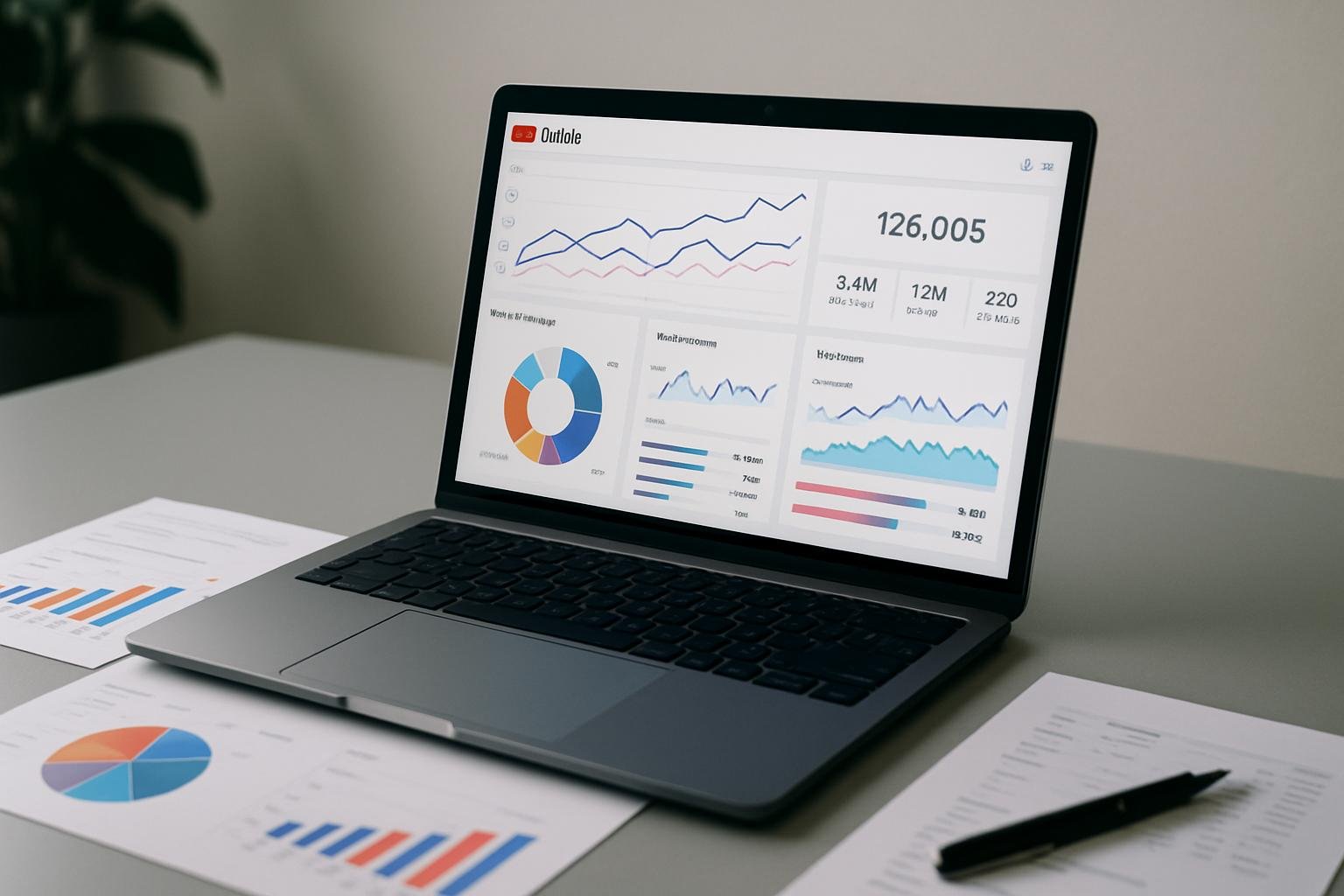 Modernes digitales Arbeitsumfeld mit Laptop, gedruckten Diagrammen und Stift, Fokus auf Analytics-Dashboards und datengetriebenes Arbeiten