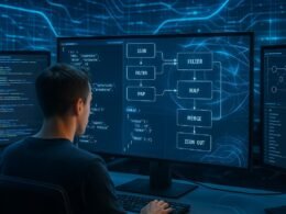 Entwickler arbeitet an einem großen Bildschirm mit JSON-Visualisierungen, Datenflussdiagrammen und holographischen Datenströmen in einer futuristischen, Hightech-Umgebung.