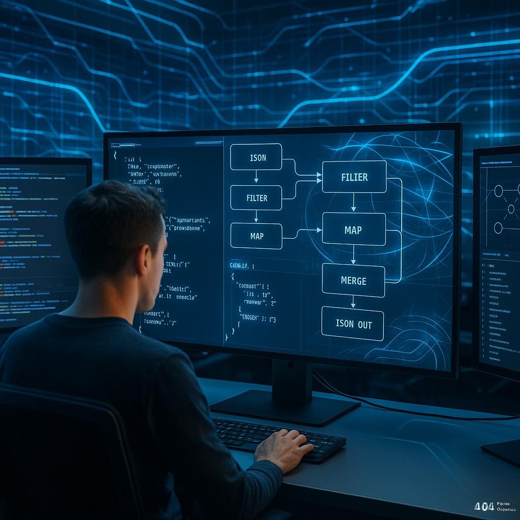 Entwickler arbeitet an einem großen Bildschirm mit JSON-Visualisierungen, Datenflussdiagrammen und holographischen Datenströmen in einer futuristischen, Hightech-Umgebung.