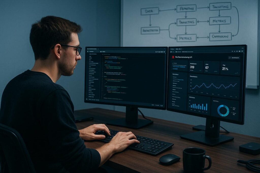 Entwickler arbeitet an einem Dual-Monitor-Setup mit Code, API-Dokumentation und Echtzeit-Performance-Daten in einem modernen, professionellen Arbeitsumfeld mit Whiteboards im Hintergrund