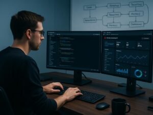 Entwickler arbeitet an einem Dual-Monitor-Setup mit Code, API-Dokumentation und Echtzeit-Performance-Daten in einem modernen, professionellen Arbeitsumfeld mit Whiteboards im Hintergrund