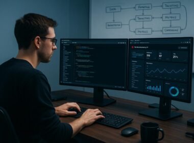 Entwickler arbeitet an einem Dual-Monitor-Setup mit Code, API-Dokumentation und Echtzeit-Performance-Daten in einem modernen, professionellen Arbeitsumfeld mit Whiteboards im Hintergrund