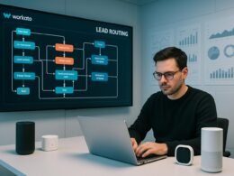 Modernes, hightech Büro mit digitalem Bildschirm, auf dem komplexe Workflow- und Datenflussdiagramme im Zusammenhang mit Lead Routing in Workato dargestellt sind. Ein Fachmann arbeitet konzentriert an seinem Laptop, umgeben von Smart-Home-Devices und Wanddiagrammen.