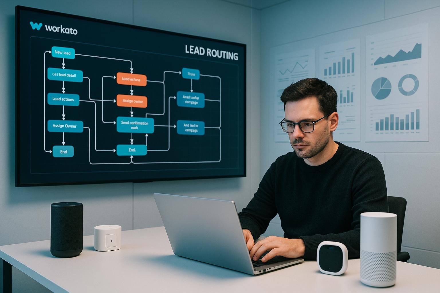 Modernes, hightech Büro mit digitalem Bildschirm, auf dem komplexe Workflow- und Datenflussdiagramme im Zusammenhang mit Lead Routing in Workato dargestellt sind. Ein Fachmann arbeitet konzentriert an seinem Laptop, umgeben von Smart-Home-Devices und Wanddiagrammen.