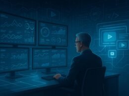Futuristisches High-Tech-Controllzentrum mit Monitoren, Nutzeranalysen, holographischen Video-Ads und technischen Illustrationen im Hintergrund