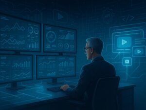 Futuristisches High-Tech-Controllzentrum mit Monitoren, Nutzeranalysen, holographischen Video-Ads und technischen Illustrationen im Hintergrund