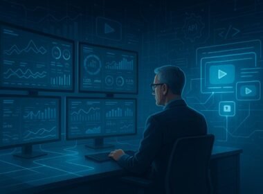 Futuristisches High-Tech-Controllzentrum mit Monitoren, Nutzeranalysen, holographischen Video-Ads und technischen Illustrationen im Hintergrund