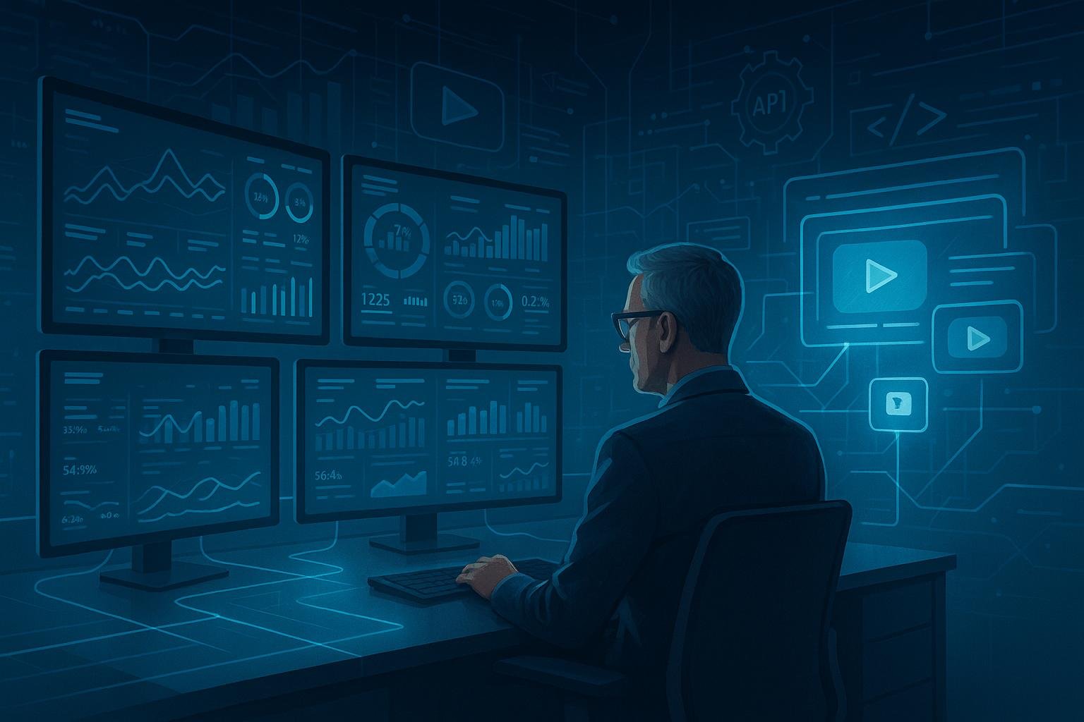 Futuristisches High-Tech-Controllzentrum mit Monitoren, Nutzeranalysen, holographischen Video-Ads und technischen Illustrationen im Hintergrund