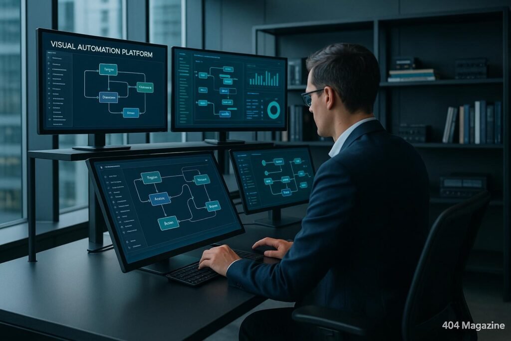 Moderner, futuristischer Arbeitsraum mit Monitoren, Touchscreen-Display und natürlichem Licht, geprägt von Innovation und Technologie
