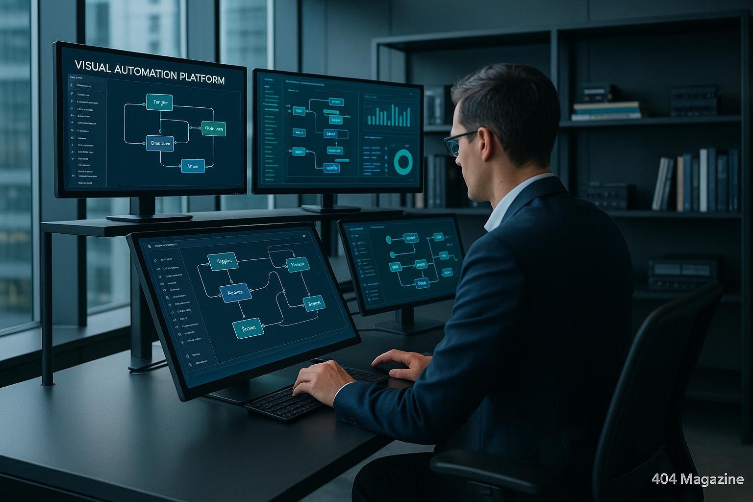 Moderner, futuristischer Arbeitsraum mit Monitoren, Touchscreen-Display und natürlichem Licht, geprägt von Innovation und Technologie