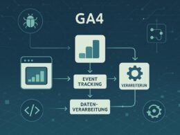 Schematisches Dashboard-Layout mit Datenflüssen, Icons für Debugging, APIs und Automatisierung, Hintergrund mit digitaler Netzwerklandschaft in Blau, Grün und Grautönen